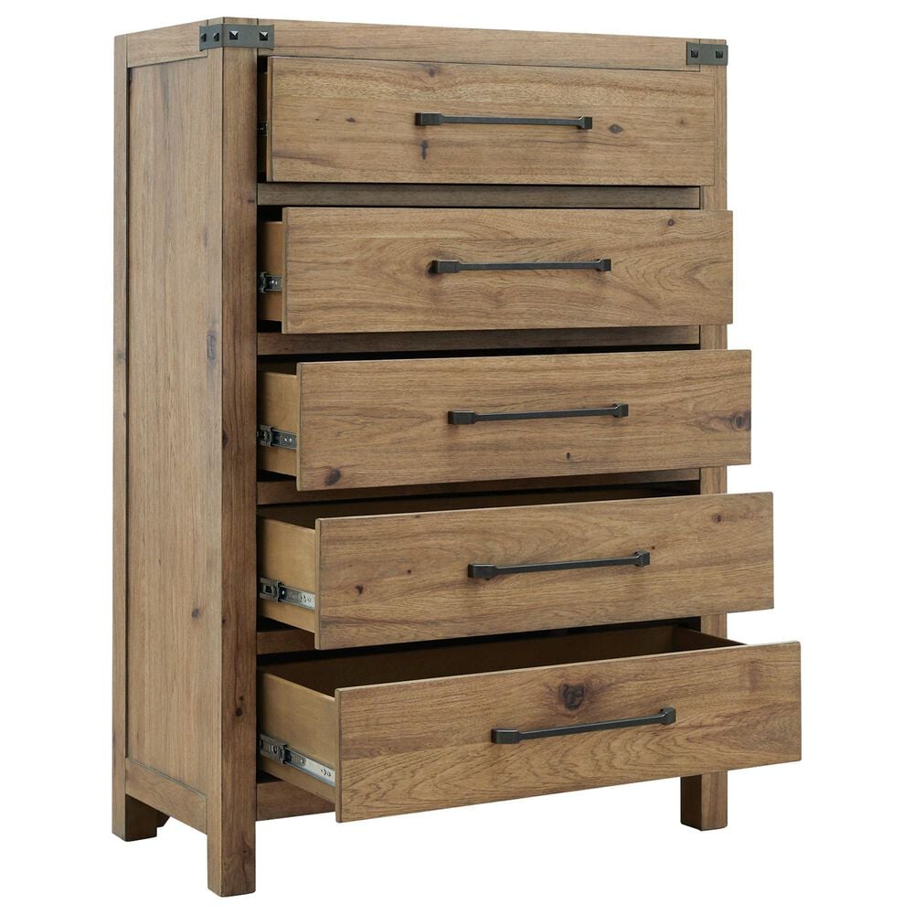 Millenium Ridgester California King Panel Bed with Dresser, Chest and Two Nightstands in Light Brown with USB Ports, , large