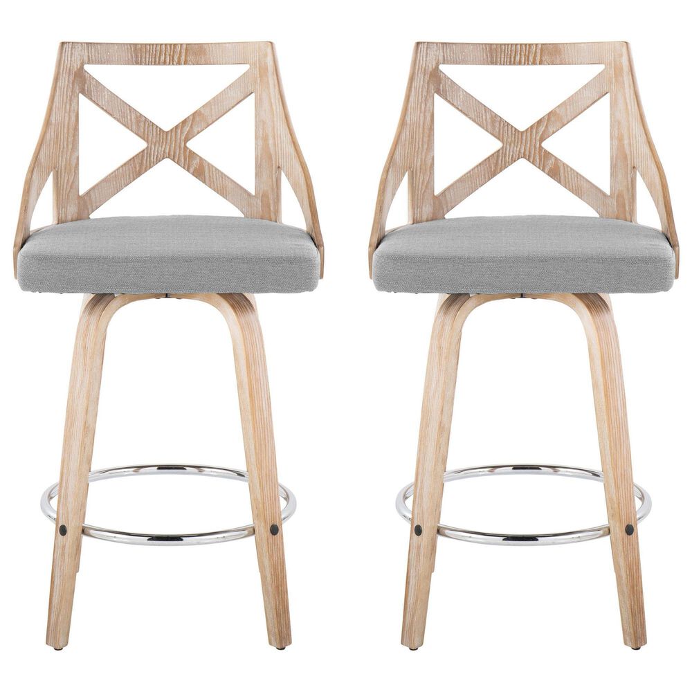 LumiSource Charlotte Swivel Counter Stool with Light Grey Fabric Upholstery in Whitewashed and Chrome (Set of 2), , large