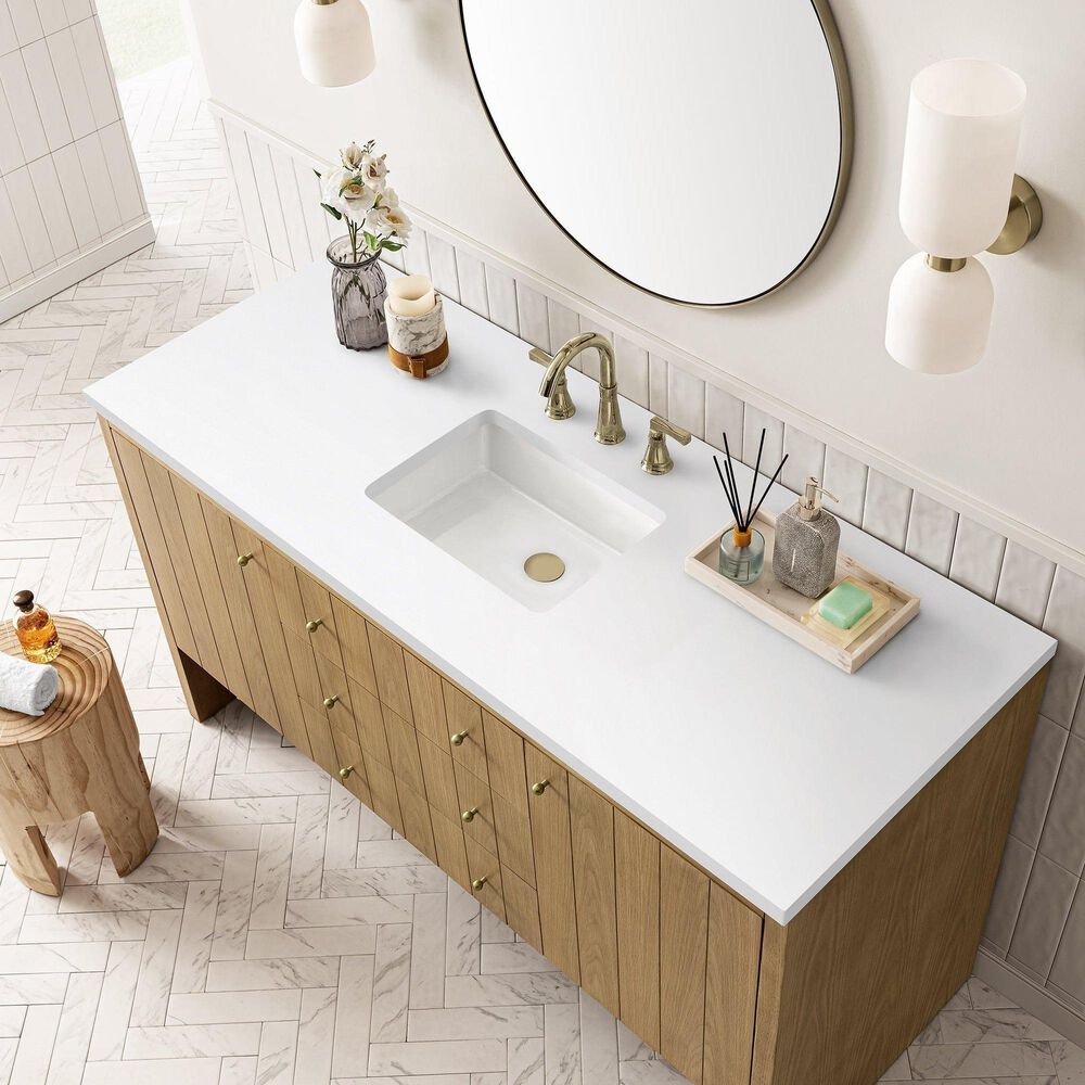 James Martin Vanities Hudson 60&quot; Single Bathroom Vanity in Light Natural Oak with 3 cm White Zeus Quartz Top and Rectangular Sink, , large
