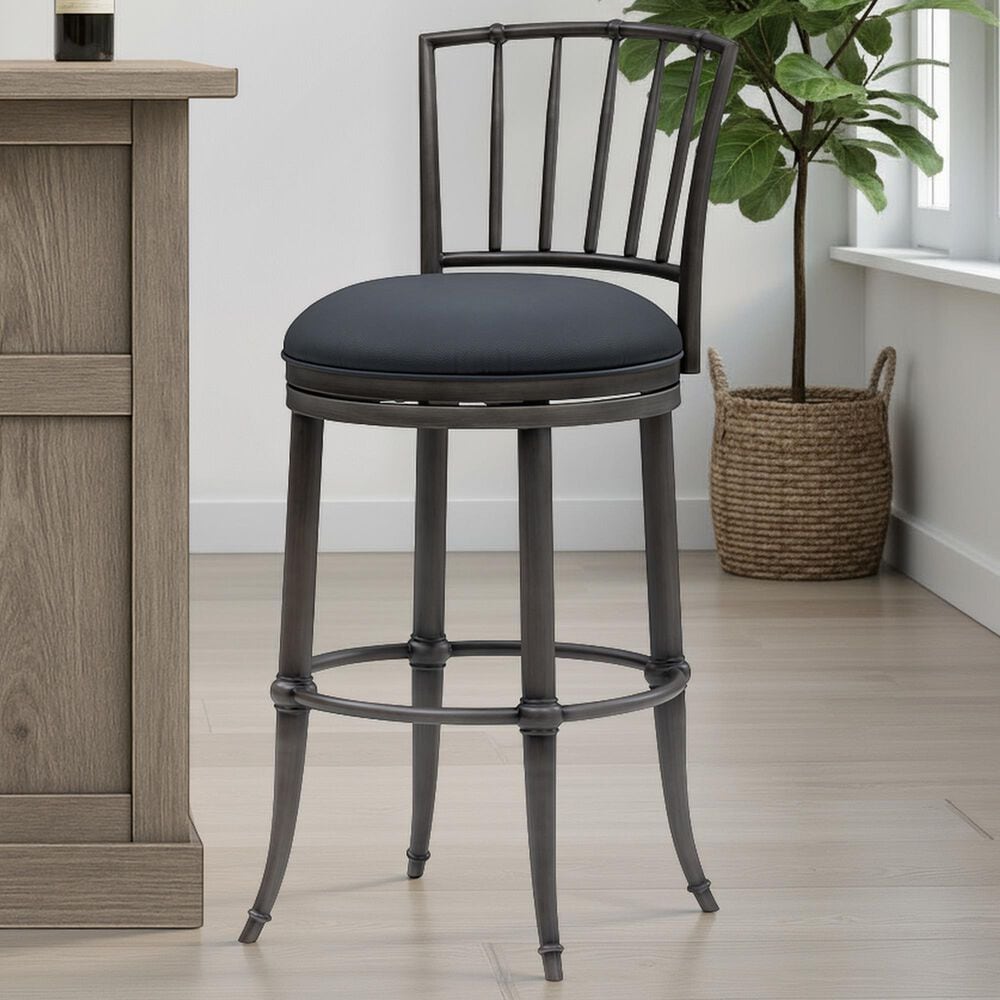 Armen Living Vince Bar Height Stool with Night Life Blue Upholstery in Antique Pewter, , large