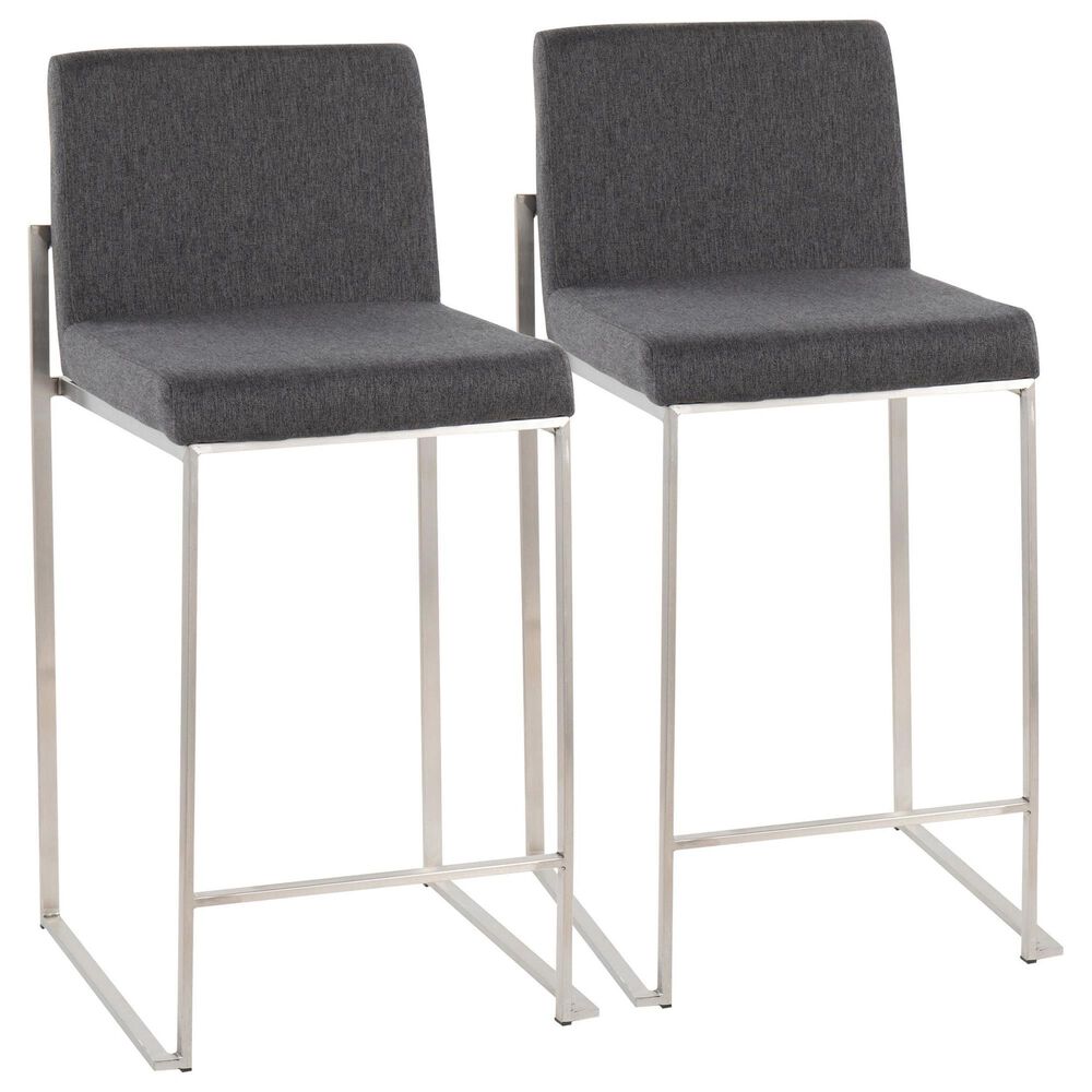 Lumisource Fuji High Back Counter Stool with Charcoal Fabric Cushion in Stainless Steel (Set of 2), , large