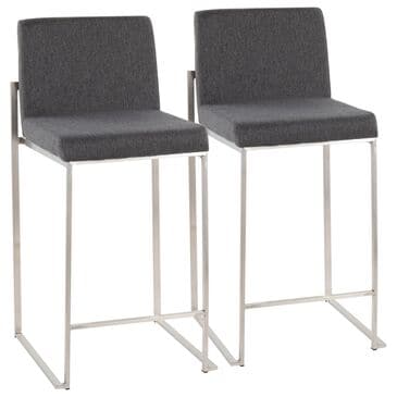 Lumisource Fuji High Back Counter Stool with Charcoal Fabric Cushion in Stainless Steel (Set of 2), , large