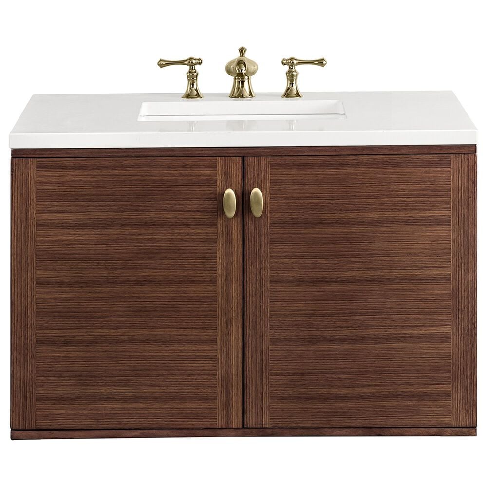 James Martin Vanities Amberly 36&quot; Single Bathroom Vanity in Walnut with 3 cm White Zeus Quartz Top and Rectangular Sink, , large