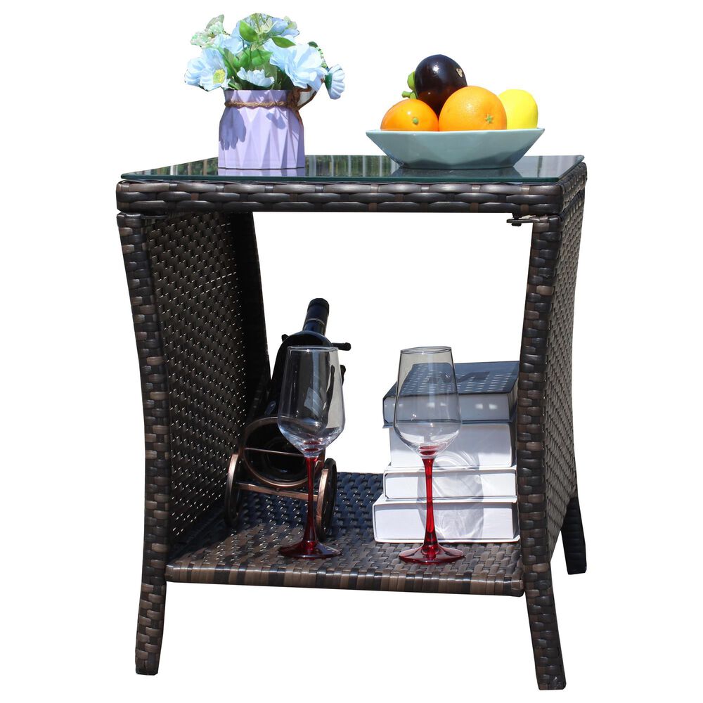 Hearth and Haven Wicker Patio Coffee Table with Clear Tempered Glass Top in Brown, , large
