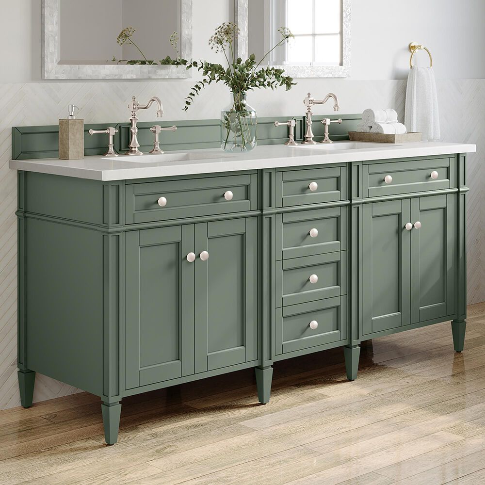 James Martin Vanities Brittany 72&quot; Double Bathroom Vanity in Smokey Celadon with Single Hole 3 cm White Zeus Quartz Top and Rectangular Sinks, , large