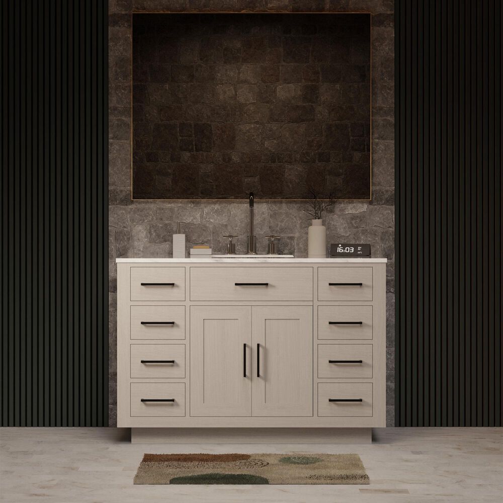 Lexora Home Abbey 48" Single Bathroom Vanity in White Oak with 2 cm White Carrara Marble Top and Rectangular Sink, , large