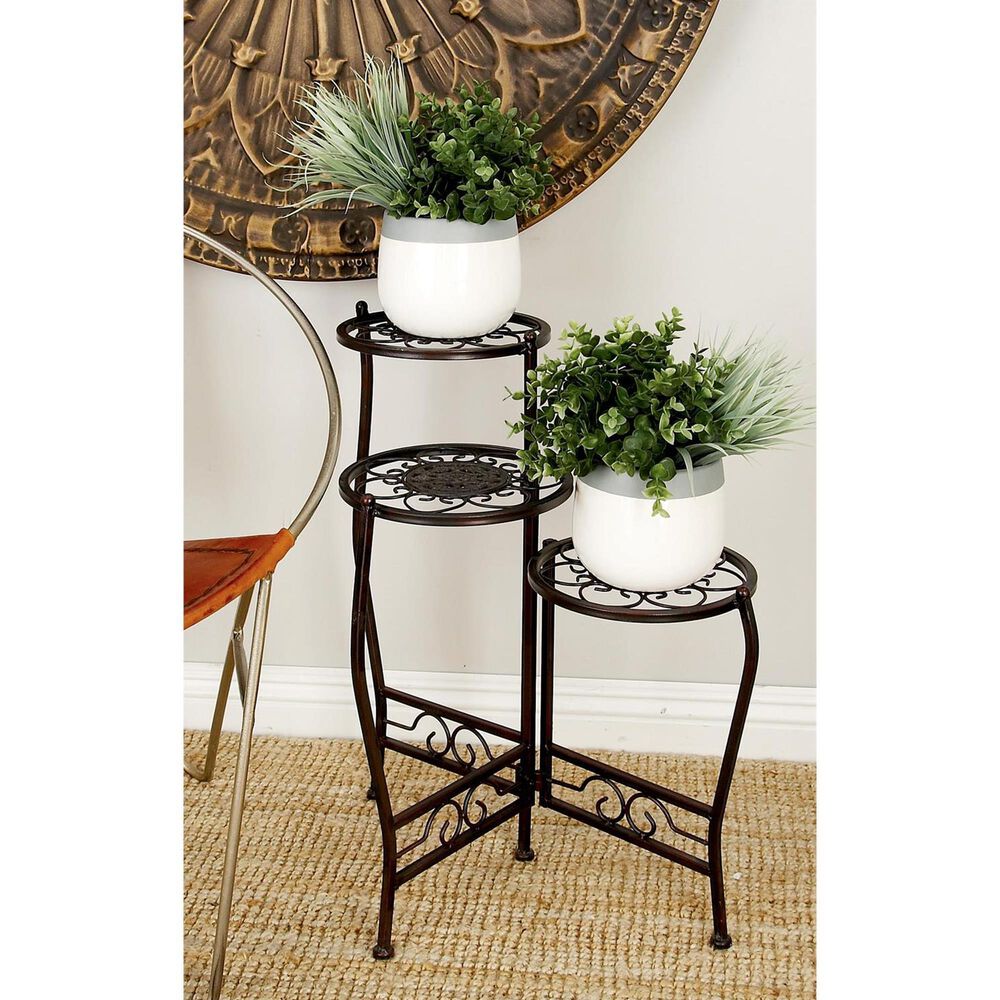 Maple and Jade 3-Tier Indoor/Outdoor Plant Stand with Scroll Details in Brown, , large