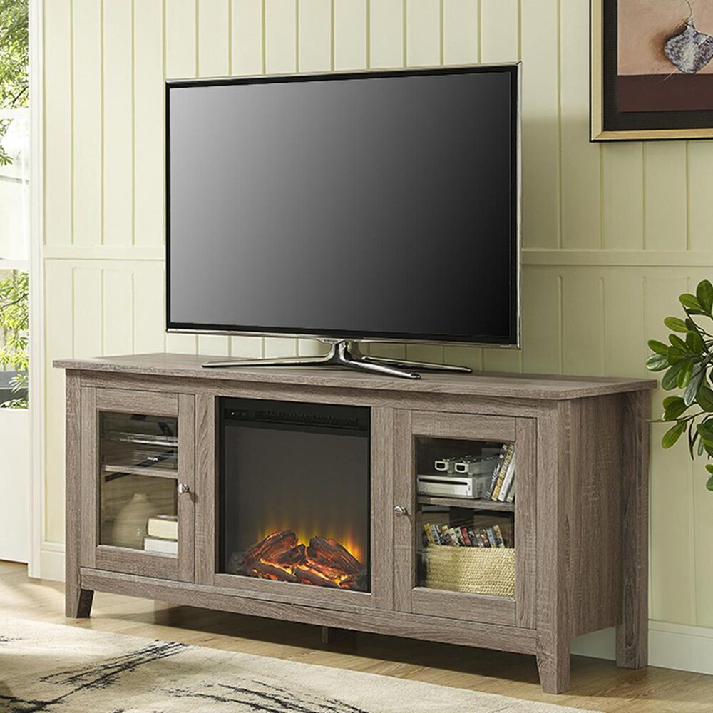 Walker Edison 58" Fireplace Stand with Door in Ash Grey Nebraska