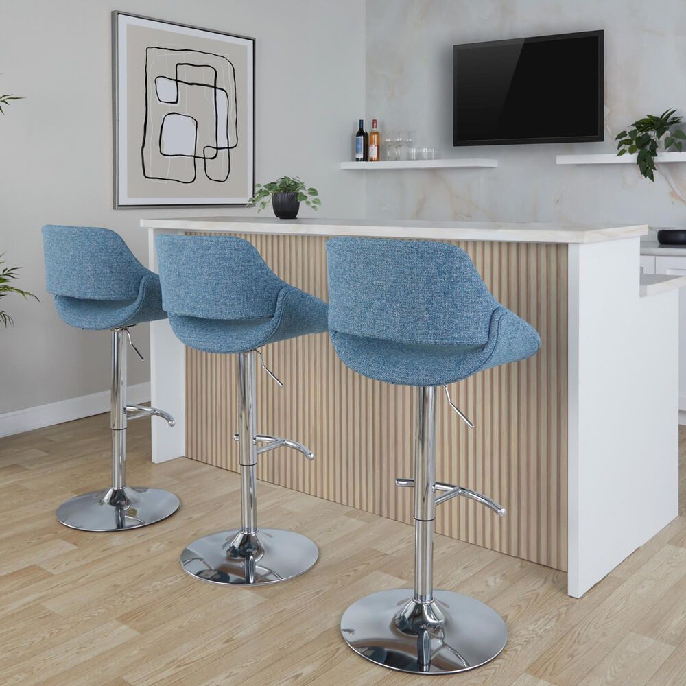 LumiSource Fabrico Swivel Adjustable Bar Stool with Blue Noise Fabric Upholstery and Rounded T Footrest in Chrome (Set of 2), , large