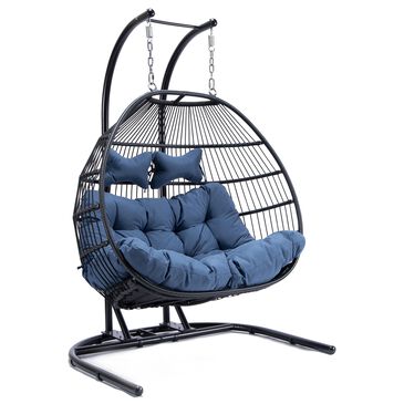 Leisure Garden Patio 2-Seat Double Folding Hanging Egg Swing Chair with Navy Blue Cushion in Black, , large