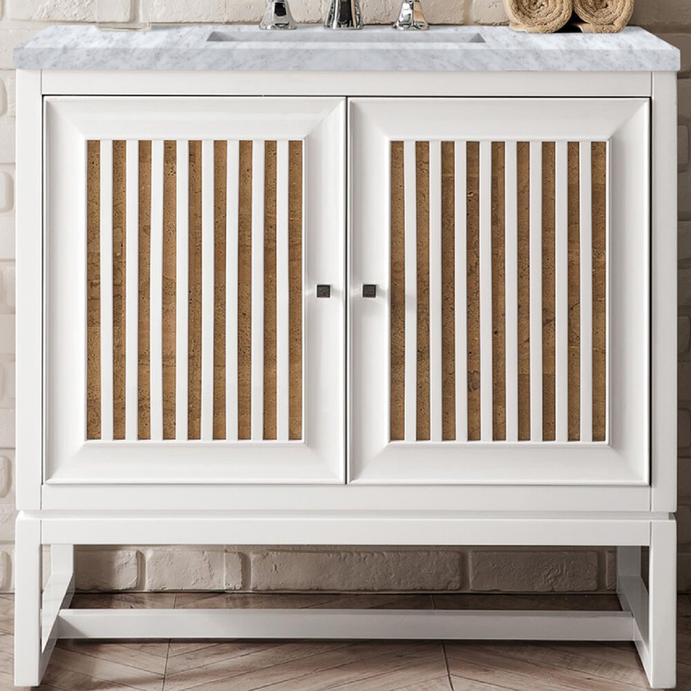 James Martin Vanities Athens 36&quot; Single Bathroom Vanity in Glossy White with 3 cm Carrara White Marble Top and Rectangular Sink, , large