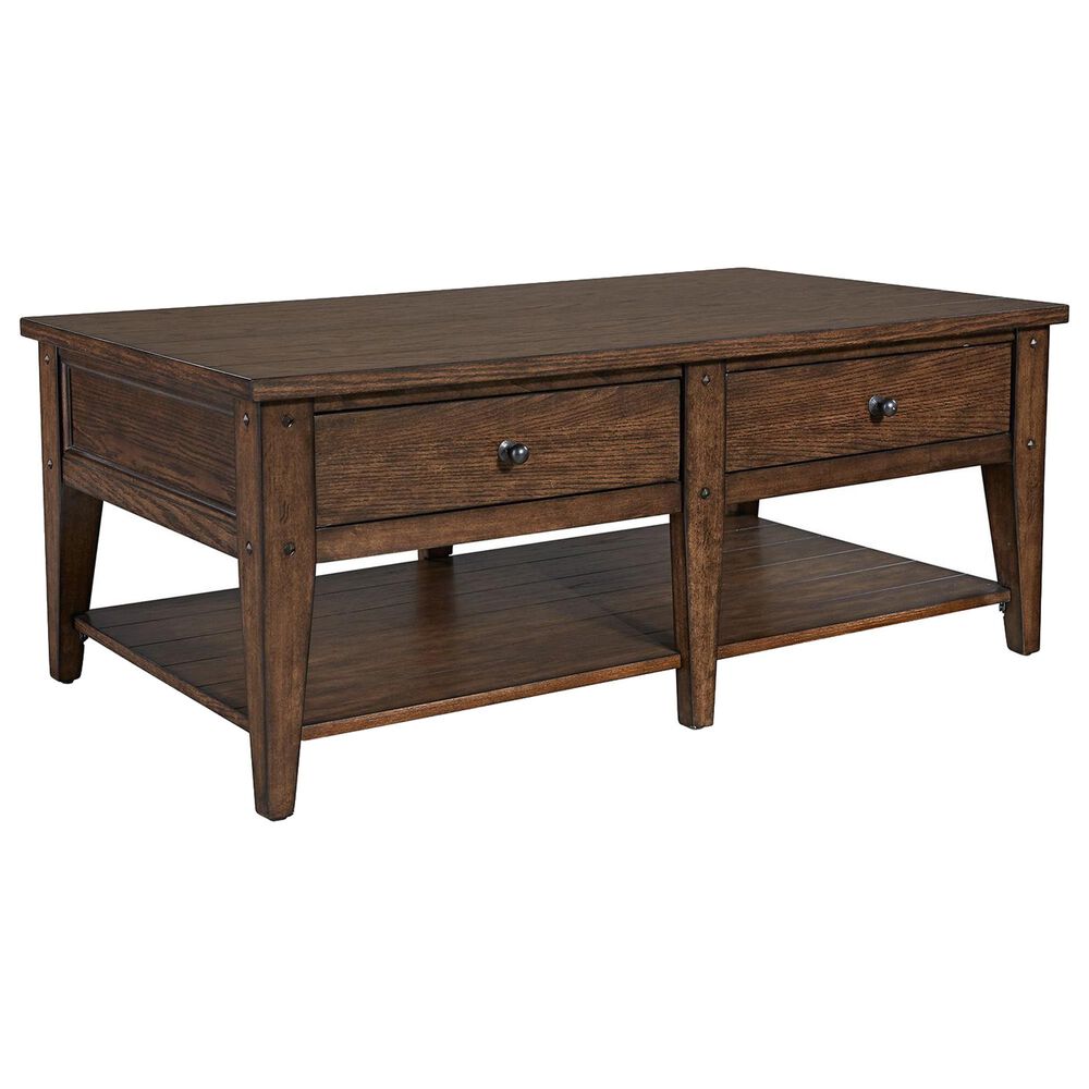 Belle Furnishings Lake House 2-Drawer Cocktail Table in Rustic Brown Oak, , large