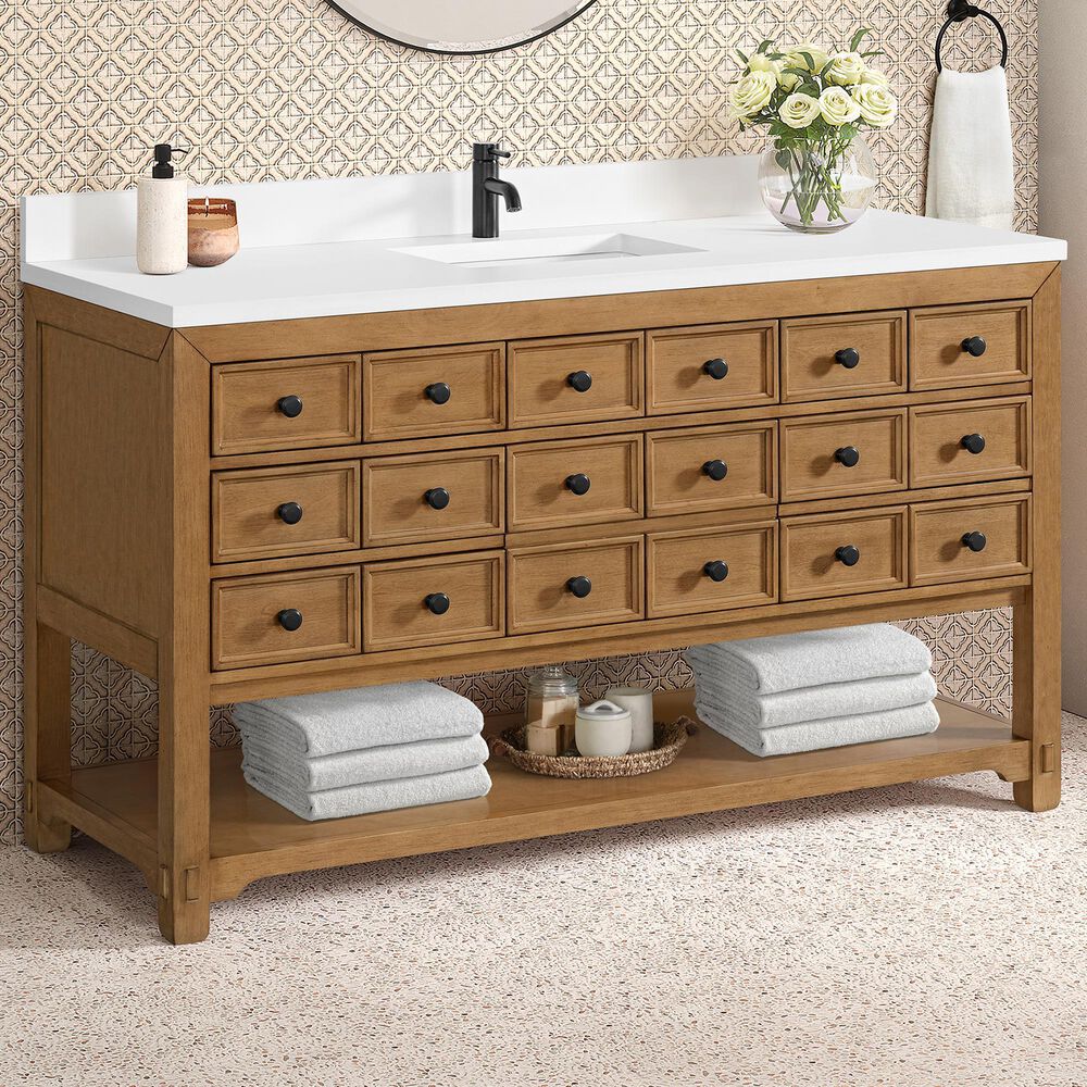 James Martin Malibu 60&quot; Single Bathroom Vanity in Amber Birch with Single Hole 3 cm White Zeus Quartz Top and Rectangular Sink, , large