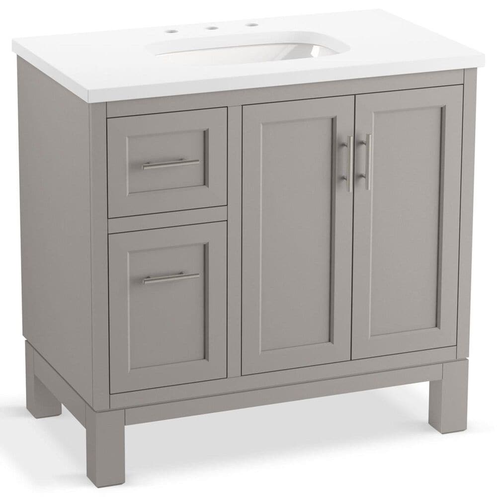 Kohler Quo 36" Single Bathroom Vanity in Mohair Grey with 3 cm Pure White Quartz Top and Oval Sink, , large