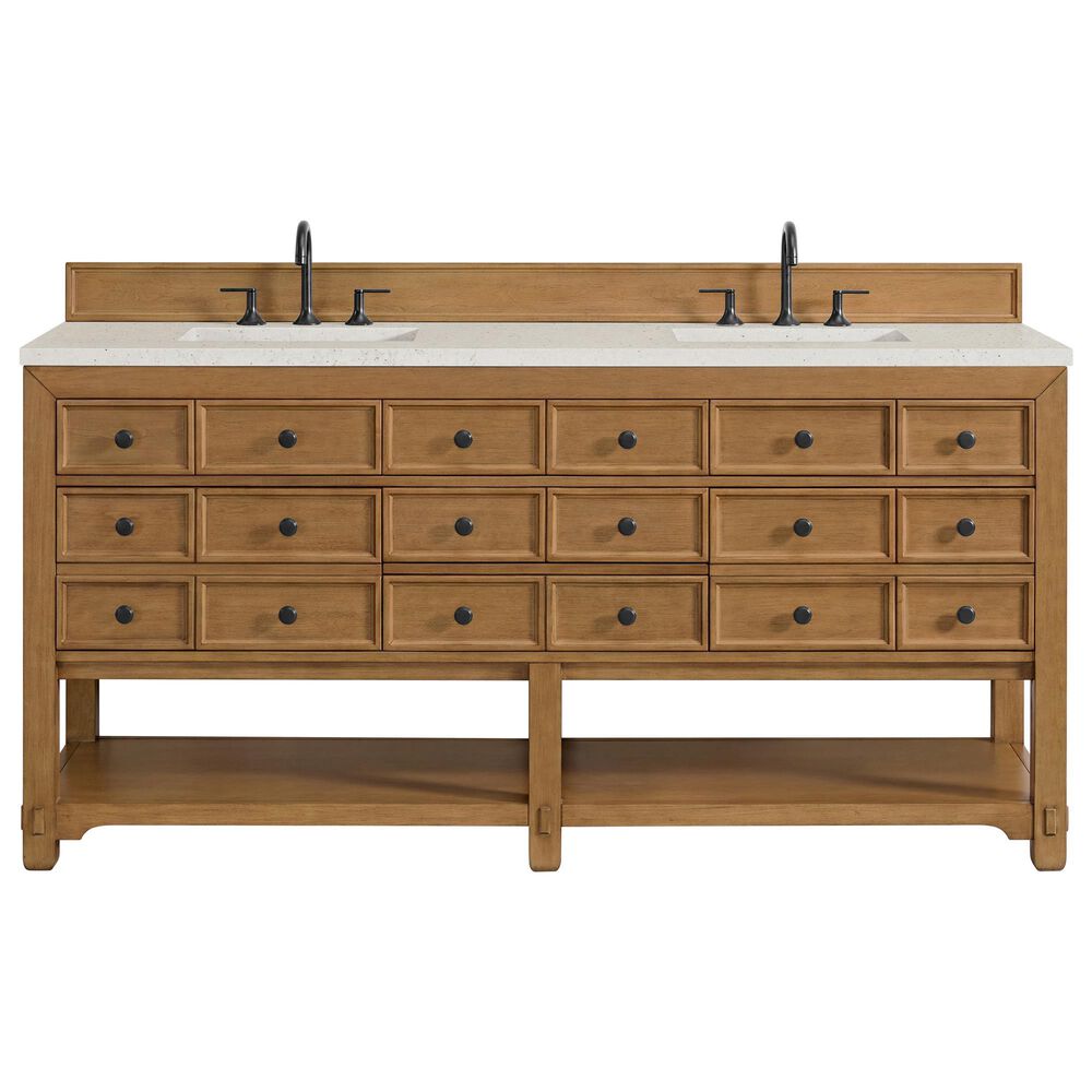 James Martin Malibu 72" Double Bathroom Vanity in Amber Birch with 3 cm Lime Delight Quartz Top and Rectangular Sinks, , large