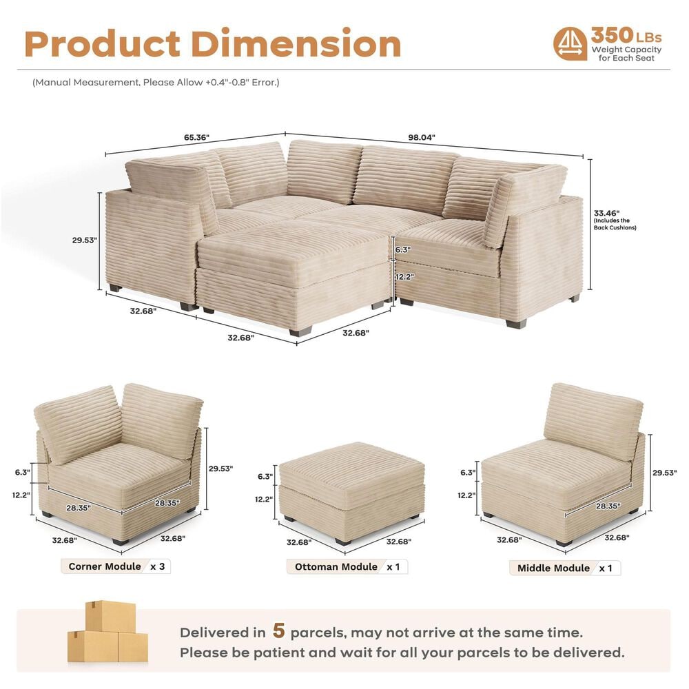 HOMLUX 5-Piece Mod Sectional with Chaise in Beige, , large