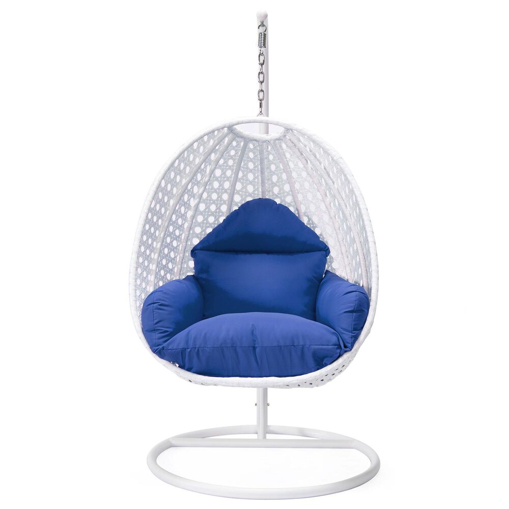 Leisuremod Patio Hanging Egg Swing Chair with Blue Cushion in White NFM