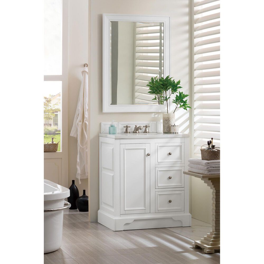 James Martin Vanities De Soto 30&quot; Single Bathroom Vanity in Bright White with 3 cm White Zeus Quartz Top and Rectangular Sink, , large