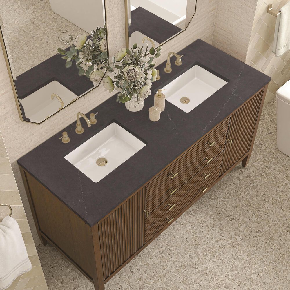James Martin Vanities Myrrin 60" Double Vanity in Mid Century Walnut with 3 cm Charcoal Soapstone Quartz Top, , large