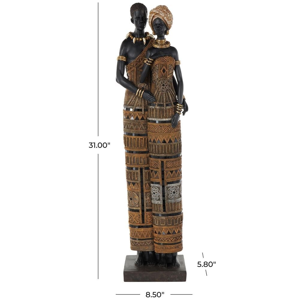 Maple and Jade Family Tall African Decorative Sculpture with Jewels in Matte Black, Gold, Copper, Bronze and White, , large