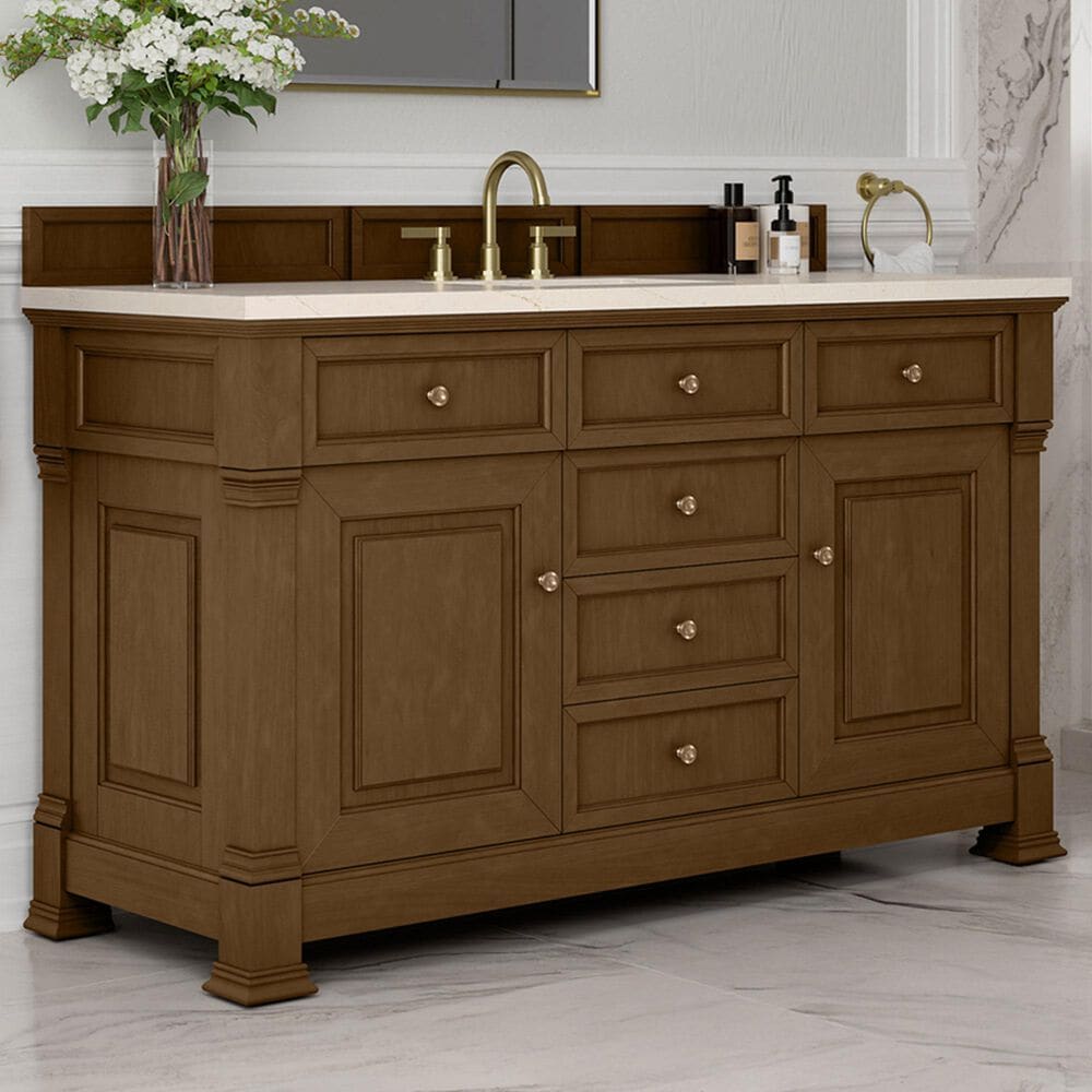 James Martin Vanities Brookfield 60&quot; Single Bathroom Vanity in Honey Oak with 3 cm Eternal Marfil Quartz Top and Rectangular Sink, , large