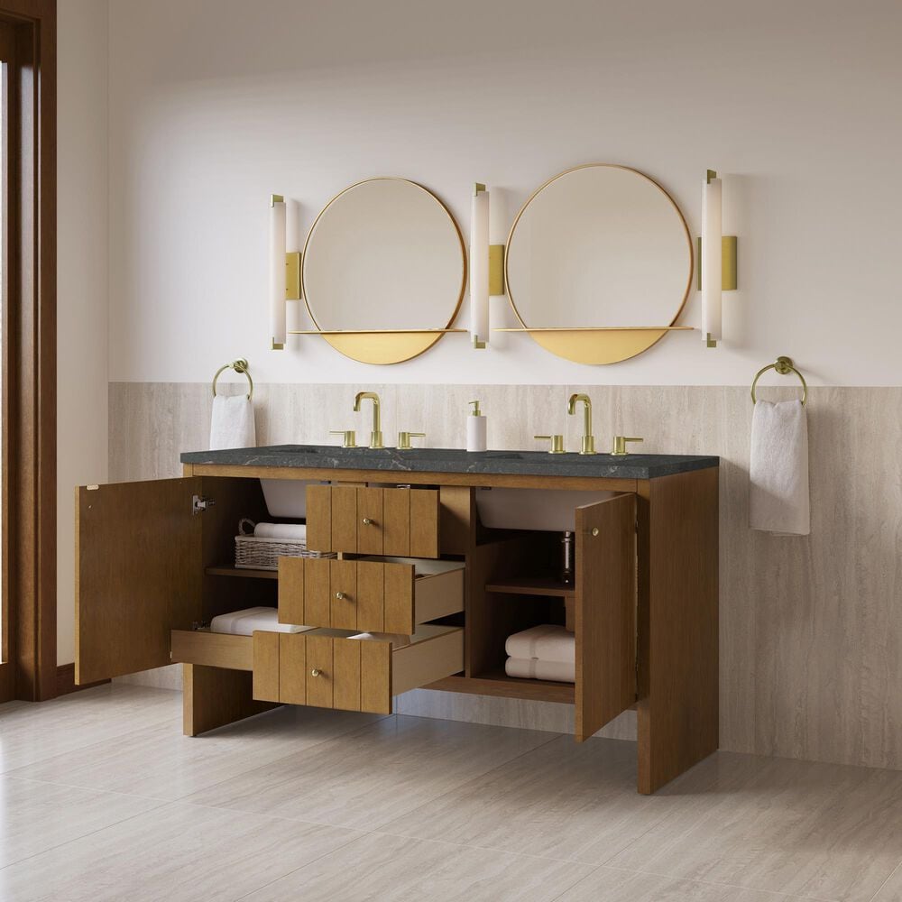 James Martin Hudson 60" Double Bathroom Vanity in Honey Oak with 3 cm Parisien Bleu Silestone Top, Rectangular Sinks and FreePower Wireless Charger, , large