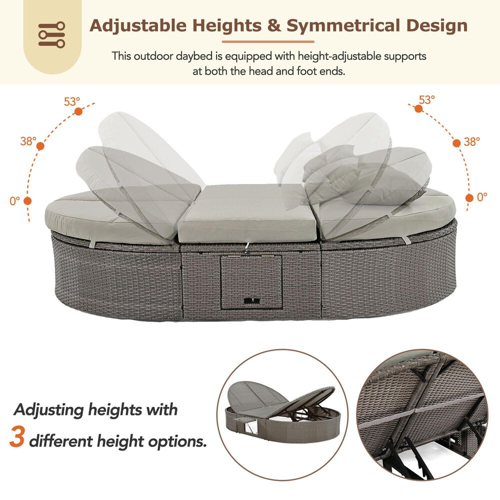 HOMLUX 2-Person Outdoor Daybed with Adjustable Backrests and Foldable Cup Trays in Gray, , large