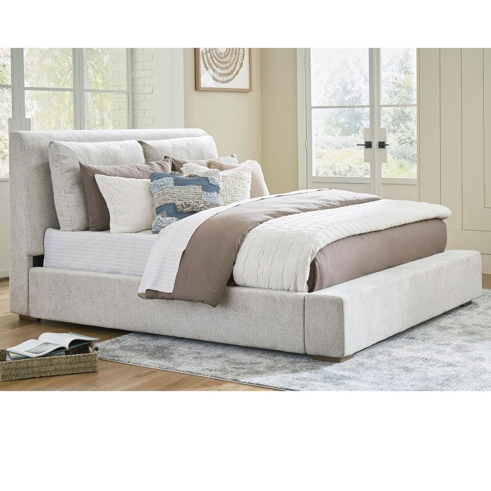 Millenium Cabalynn California King Oatmeal Upholstered Platform Panel Bed in Light Brown, , large