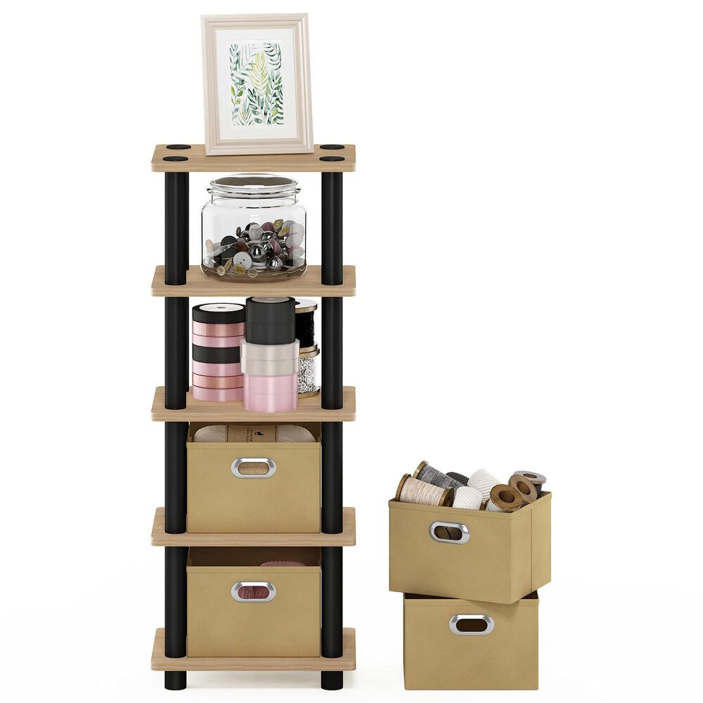 HOMLUX 5-Tier Tall Corner Open Bookshelf with 4 Storage Bins in Oak and Black, , large