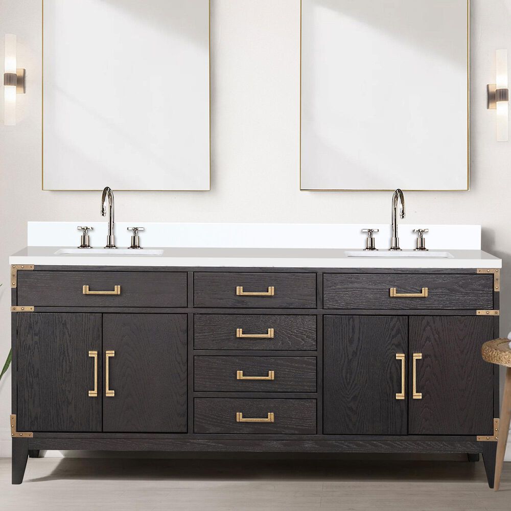Lexora Home Laurel 72&quot; Double Bathroom Vanity in Black Oak with White Cultured Marble Top and Rectangular Sinks, , large