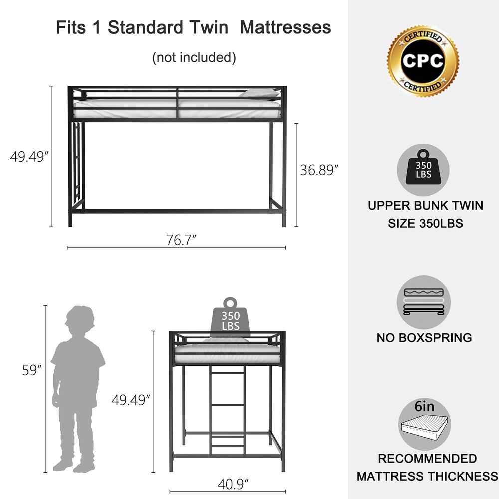 Hearth and Haven Adam Twin Loft Bunk Bed in Black, , large
