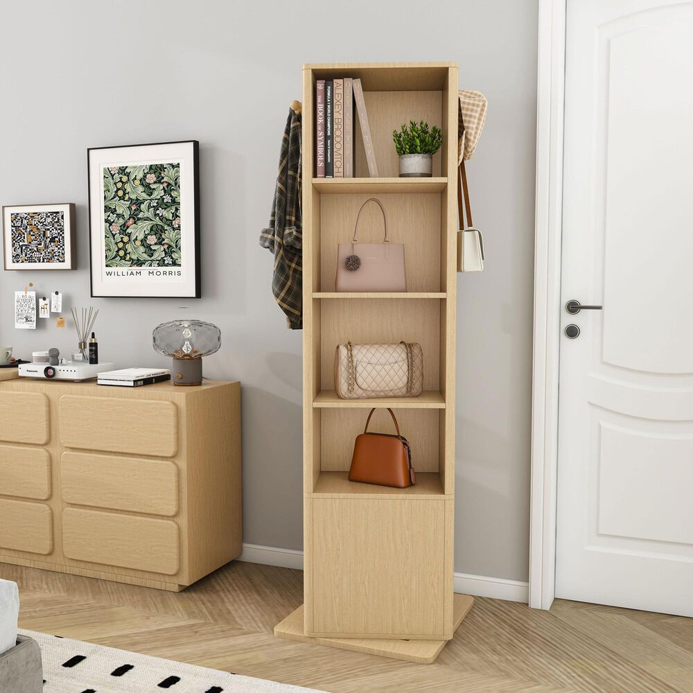 GigaCloud Rotating Jewelry Cabinet with Full-length Mirror, Coat Rack and Shelves in Walnut, , large