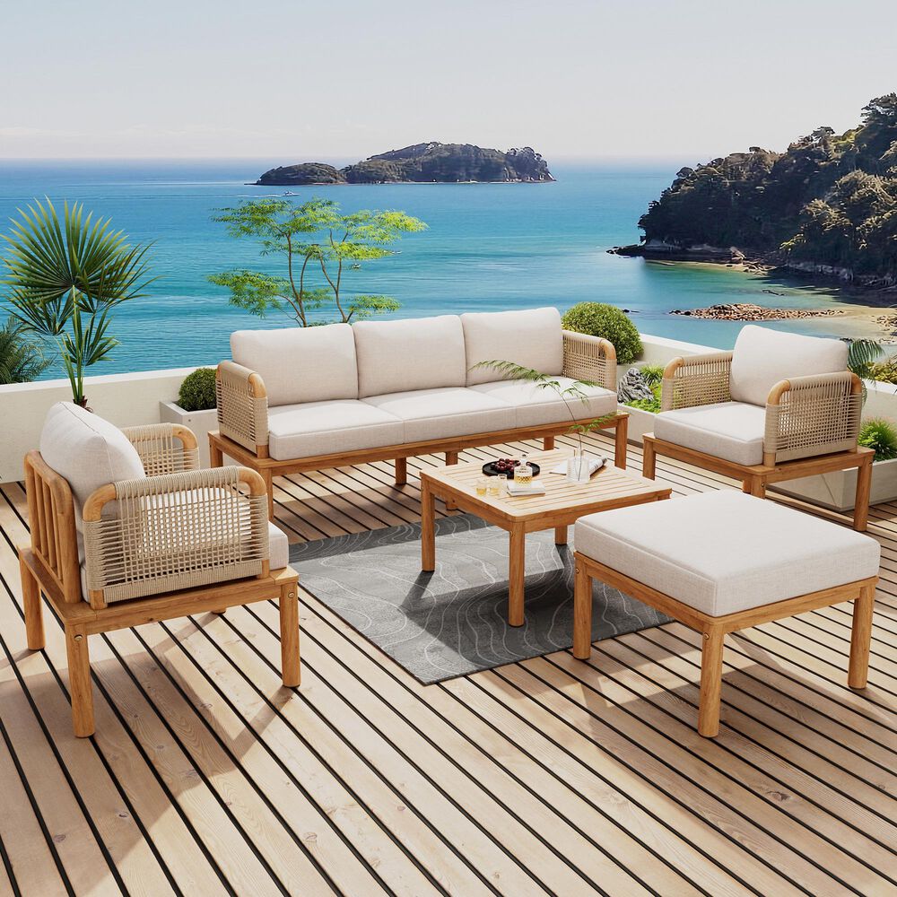 Hearth and Haven 5-Piece Outdoor Conversation Set with Weather Rope and Beige in Teak, , large