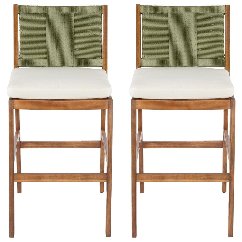 Hearth and Haven Outdoor Bar Stool with Green Wicker Back in Cream (Set of 2), , large