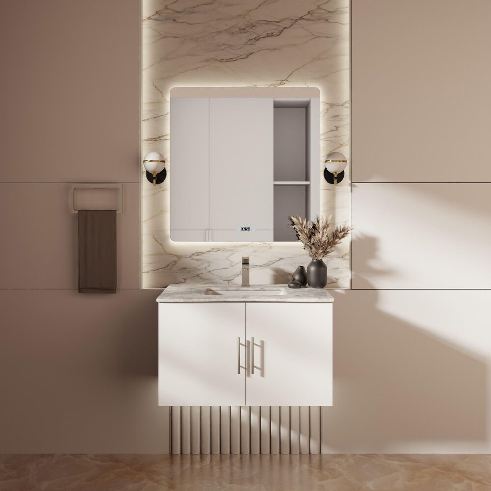 Lexora Home Geneva 30&quot; Single Bathroom Vanity in Glossy White with 2 cm White Carrara Marble Top and Rectangular Sink, , large