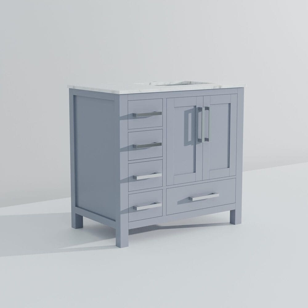 Lexora Home Jacques 36&quot; Right Offset Single Bathroom Vanity in Dark Grey with 2 cm White Carrara Marble Top and Rectangular Sink, , large