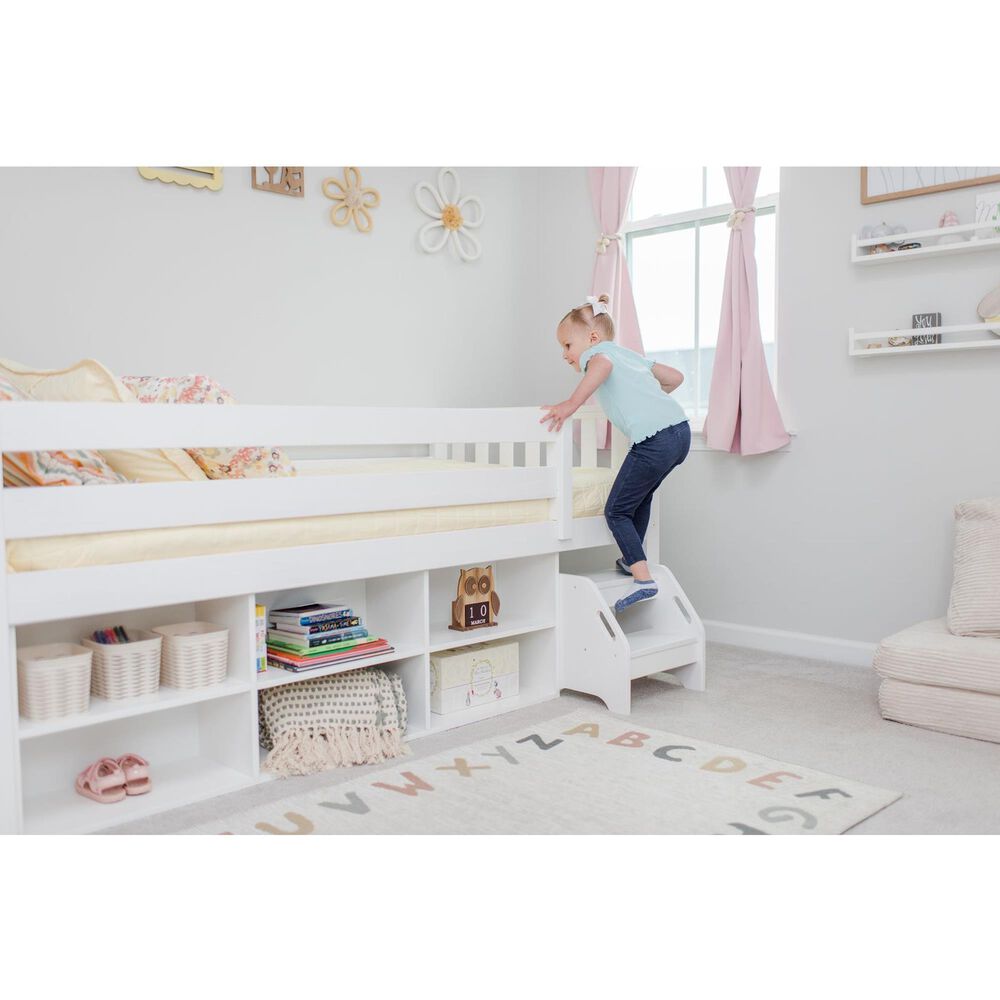 Birch Hollow Scandinavian Low Loft Twin Bed with Bookcase and Stepstool in White, , large