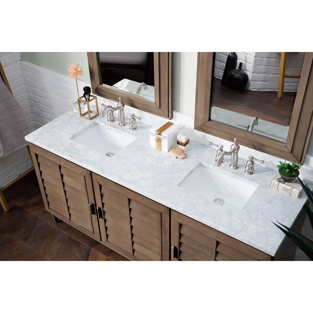 James Martin Vanities Portland 72&quot; Double Bathroom Vanity in Whitewashed Walnut with 3 cm Carrara White Marble Top and Rectangular Sinks, , large