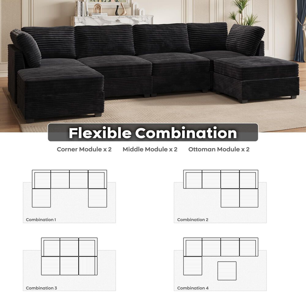 HOMLUX 6-Piece Mod Sectional with Ottomans in Black, , large