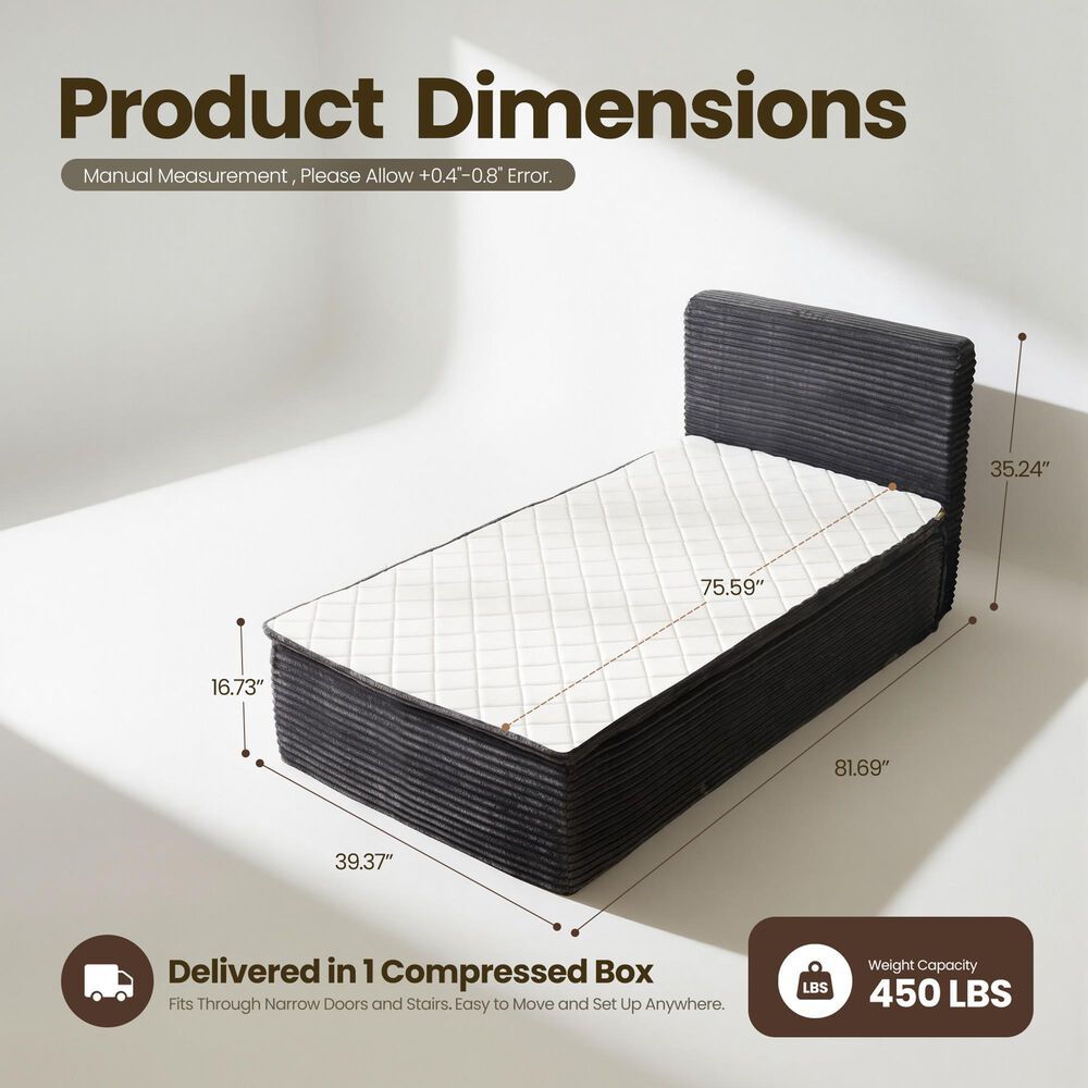 HOMLUX Plush Twin Mattress with Grey Headboard, , large