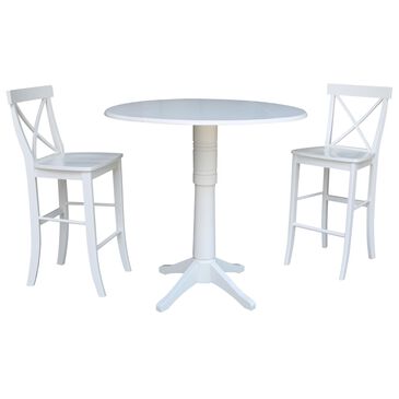 International Concepts 3-Piece Bar Height Casual Round Drop-Leaf Wood Dining Set in White, , large