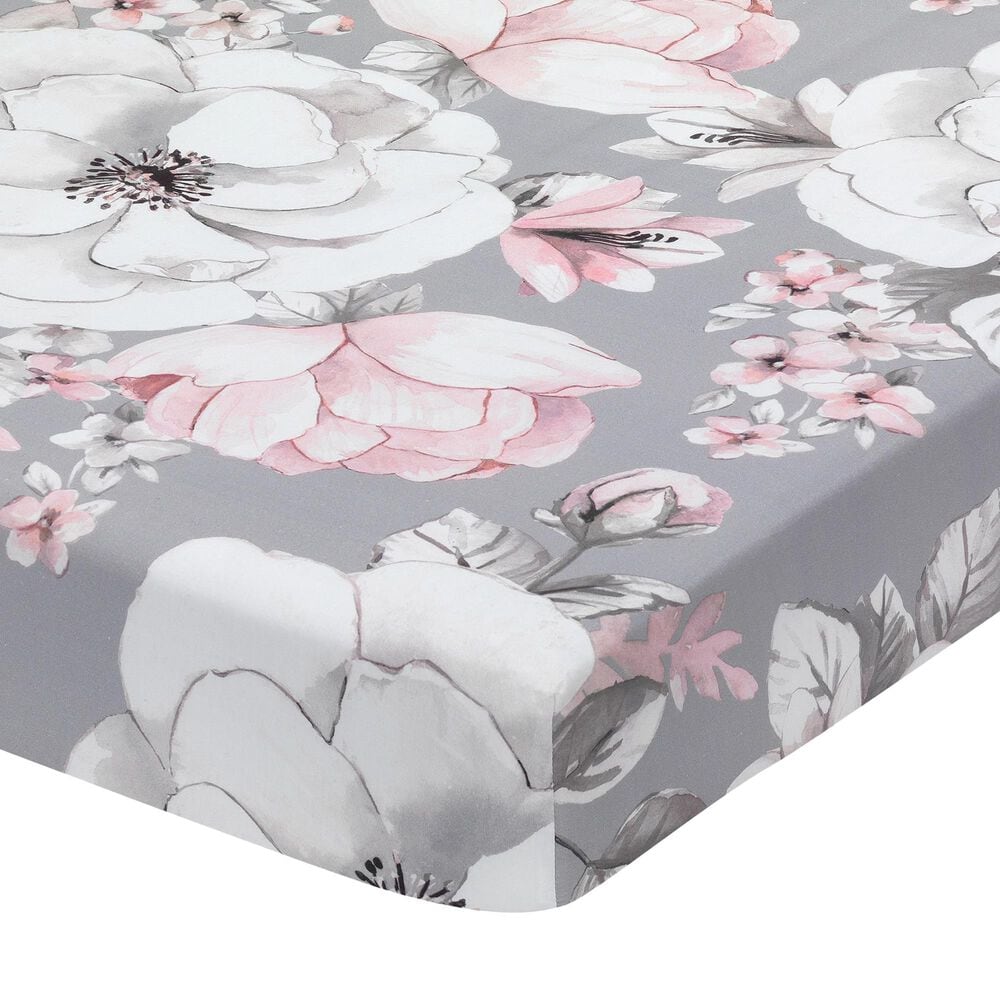 Lambs &amp; Ivy Watercolor Floral Cotton Crib Sheet Grey, Pink and White, , large