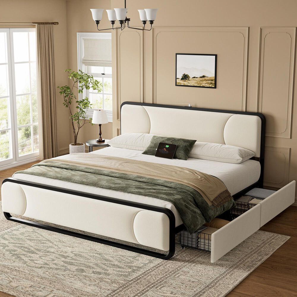 HOMLUX King Upholstered Platform Bed Frame in Beige, , large