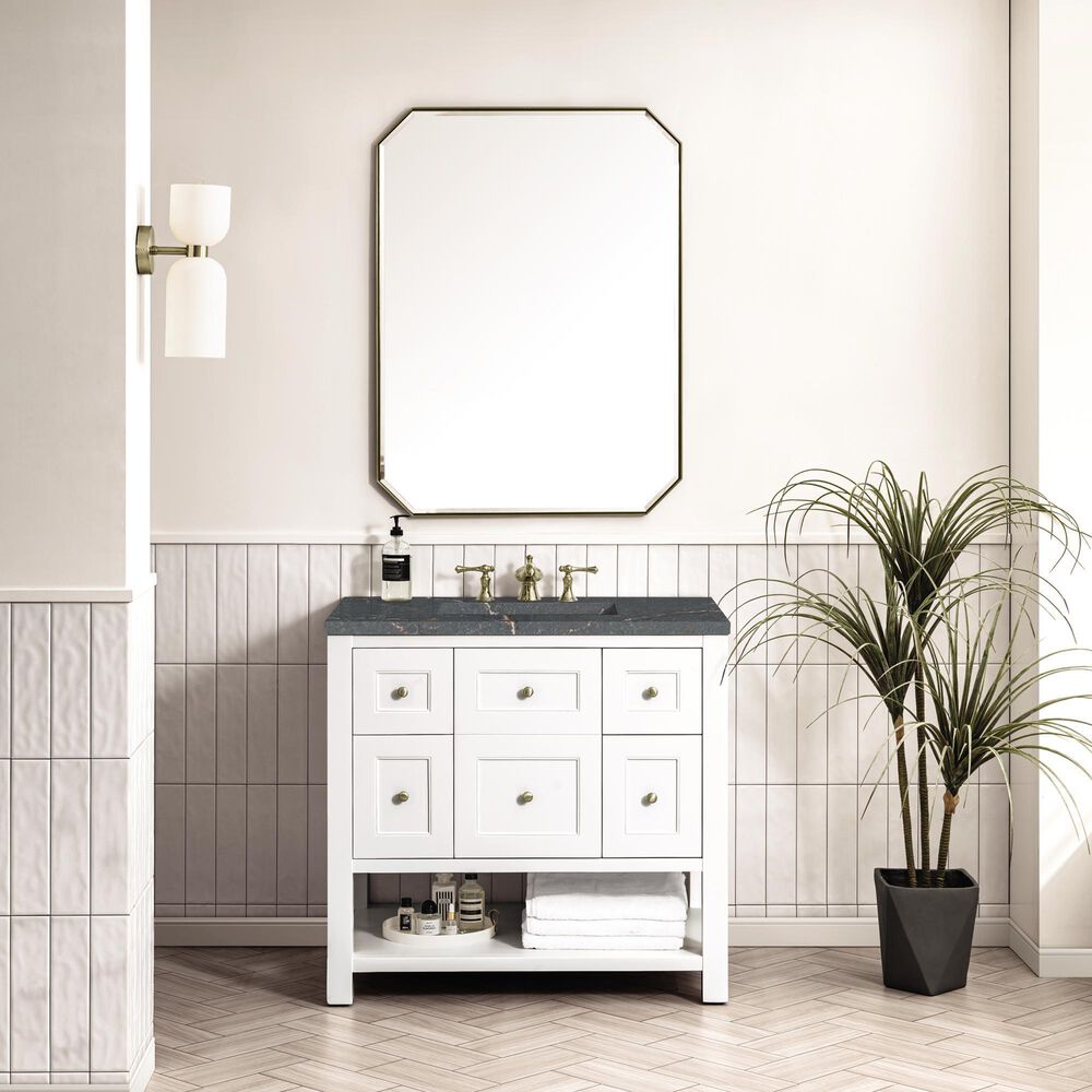James Martin Vanities Breckenridge 36&quot; Single Bathroom Vanity in Bright White with 3 cm Parisien Bleu Quartz Top and Rectangular Sink, , large