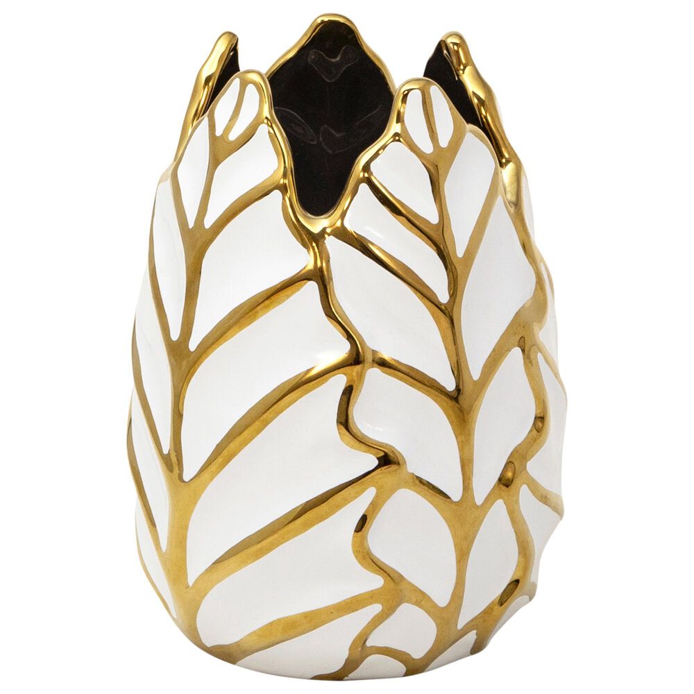 Sagebrook Home 7.75" Leaf Vase in White and Gold, , large