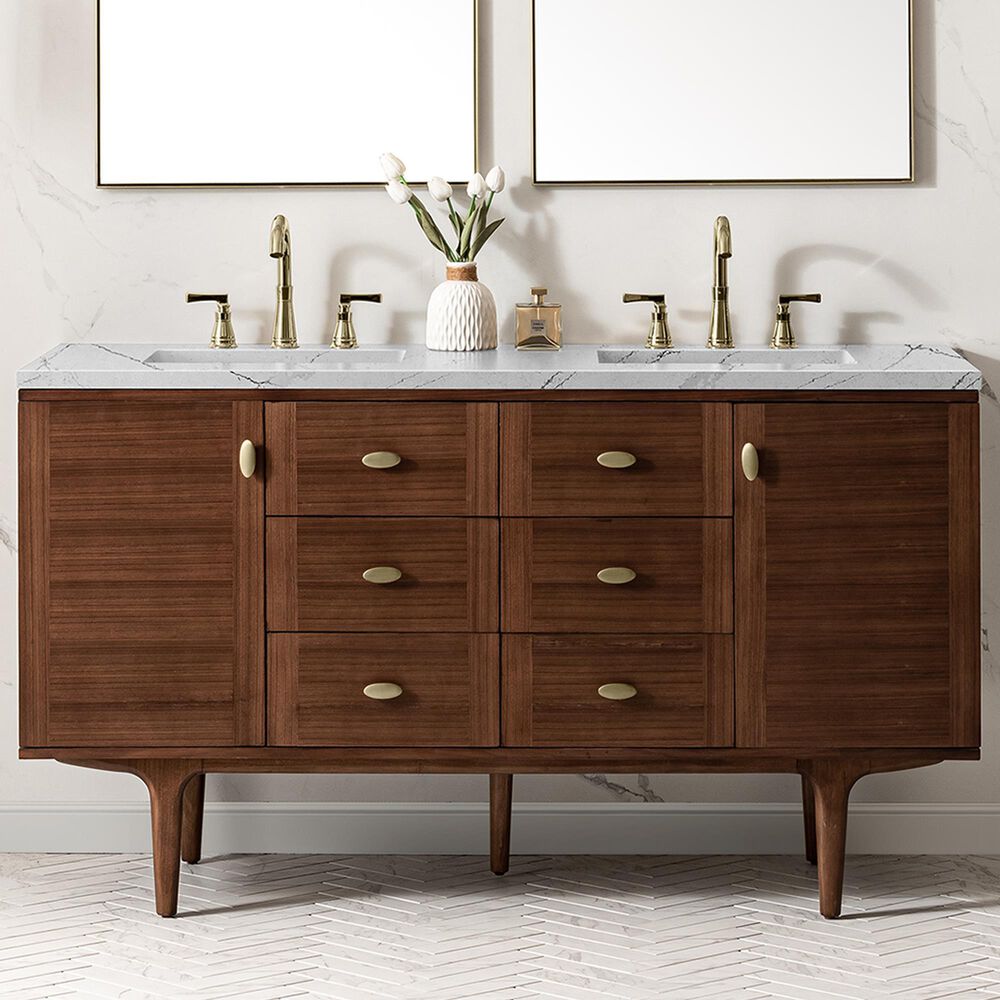 James Martin Vanities Amberly 60&quot; Double Bathroom Vanity in Walnut with 3 cm Arctic Fall Solid Surface Top and Rectangular Sinks, , large