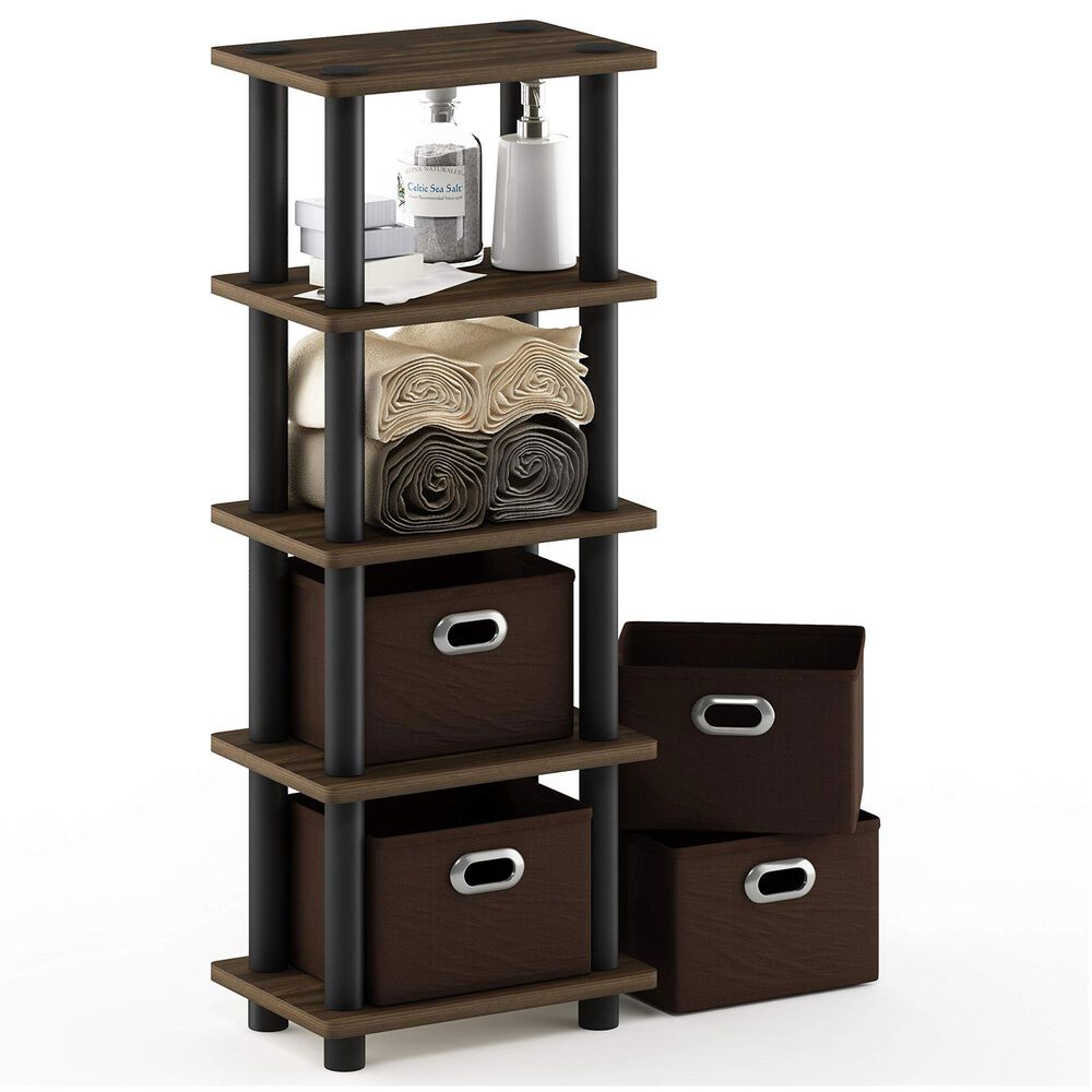 HOMLUX 5-Tier Tall Corner Open Bookshelf with 4 Storage Bins in Columbia Walnut and Black, , large