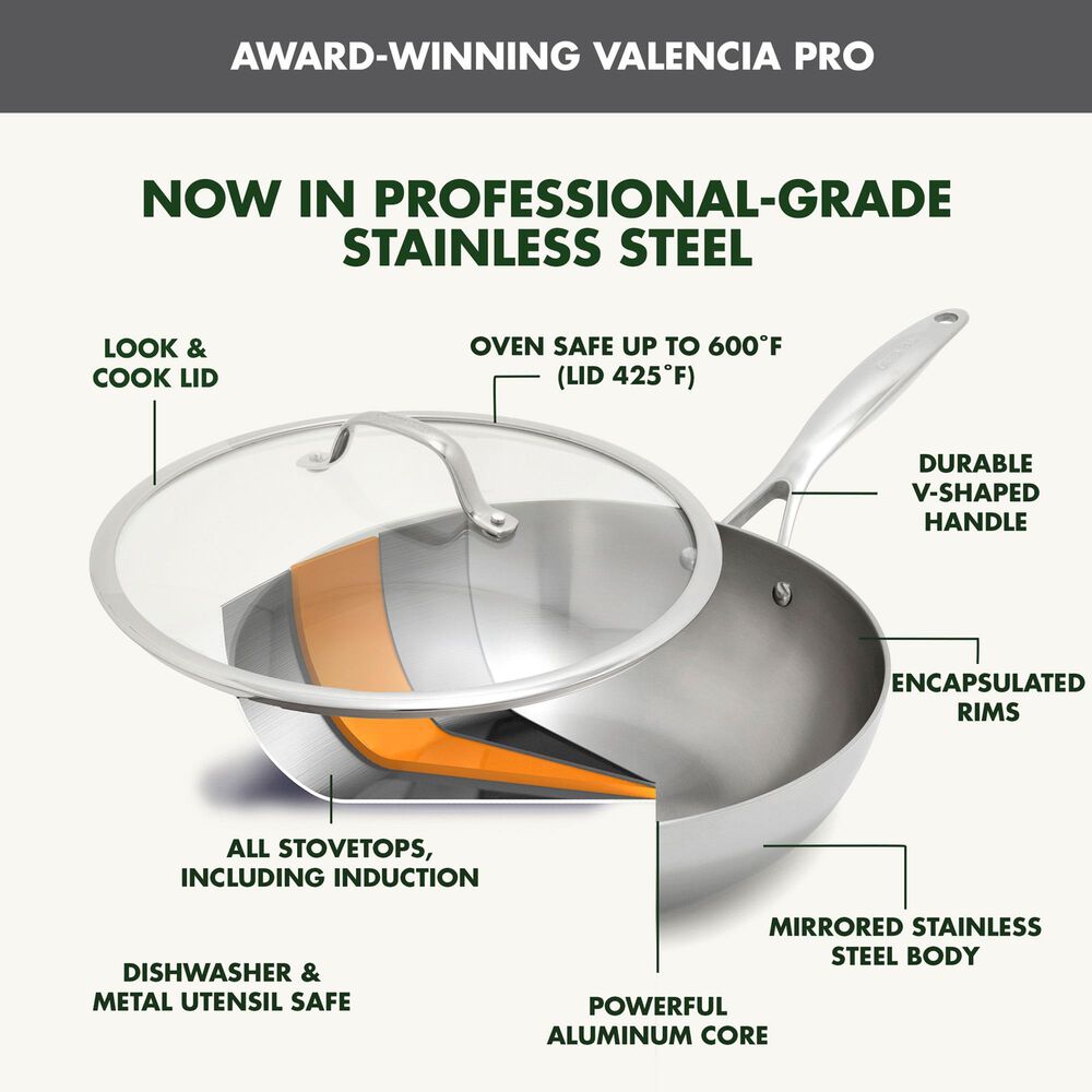 Green Pan Valencia Pro 3.6-Quart Uncoated Chef's Pan with Lid in Stainless Steel, , large