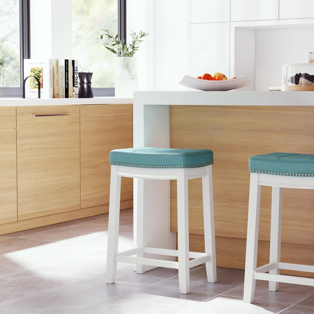 Linon Home Decor Claridge Counter Stool with Teal Cushion in White, , large