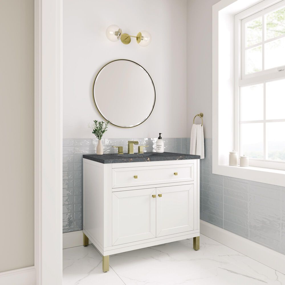 James Martin Vanities Chicago 36&quot; Single Bathroom Vanity in Glossy White with 3 cm Parisien Bleu Quartz Top and Rectangular Sink, , large